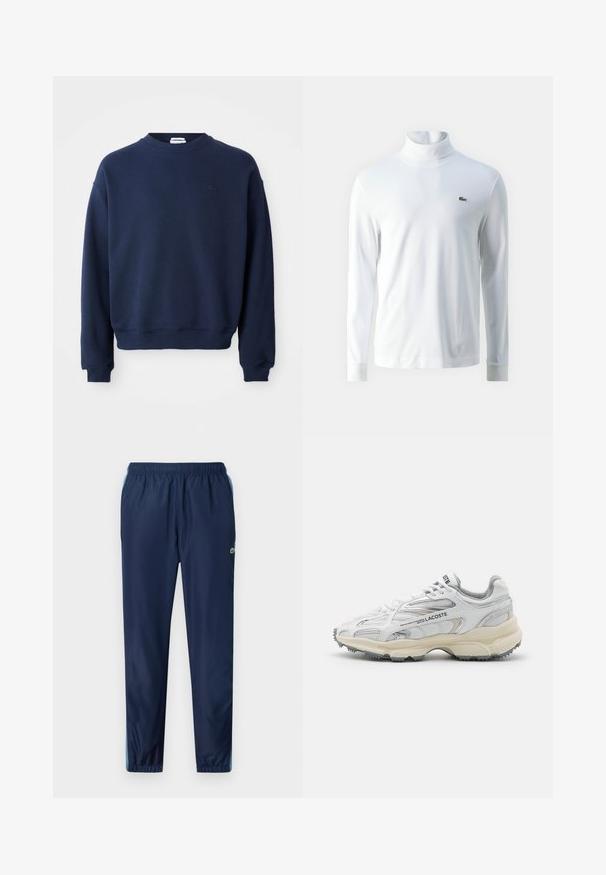 Marineblauwe trui met lange mouwen en ronde hals, geribde boorden en zoom, met een klein ton-sur-ton geborduurd logo op de linkerborst.; Witte lange mouw turtleneck shirt van zachte stof, met een klein groen geborduurd logo op de borst en aansluitende manchetten.; Marineblauwe sportbroek met een elastische tailleband, taps toelopende pijpen en lichtblauwe accenten aan de zijkanten; gemaakt van een lichtgewicht, glad materiaal.; Witte sportieve schoenen met grijze accenten, bovenwerk van mesh en synthetisch materiaal, vetersluiting en een geprofileerde rubberen zool met looppatronen.
