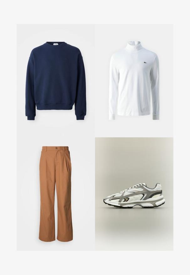 Sudadera azul marino de manga larga con cuello redondo, puños y bajo acanalados, con un pequeño logo tonal bordado en el pecho izquierdo.; Camisa de cuello alto de manga larga blanca hecha de tela suave, con un pequeño logo bordado verde en el pecho y puños ajustados.; Pantalones de pierna ancha en un tejido marrón cálido, con cierre frontal de botones, pliegues sutiles y corte recto para un ajuste relajado.; Zapatilla deportiva con una parte superior de malla blanca, acentos grises, suela de goma negra y un diseño aerodinámico. Presenta cordones y detalles texturizados.