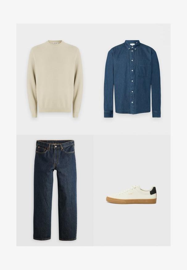 Pull en maille beige avec un col rond, des manches longues, des poignets côtelés et un motif texturé sur l'ensemble. Convient pour une tenue décontractée.; Chemise en denim bleu foncé boutonnée, manches longues, une poche avant à gauche et un col boutonné, présentée sur fond blanc.; Jean en denim bleu foncé avec une coupe droite. Comprend cinq poches, des surpiqûres contrastantes et une fermeture à bouton à la taille.; Sneaker en toile blanche avec une semelle en gomme, accent au talon noir, bout rond et design à lacets. Présente le logo de la marque en doré sur le côté.