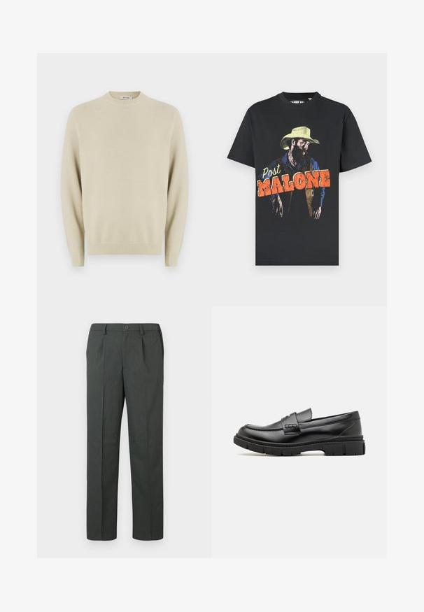 Pull en maille beige avec un col rond, des manches longues, des poignets côtelés et un motif texturé sur l'ensemble. Convient pour une tenue décontractée.; T-shirt en coton noir avec un graphisme de cow-boy, accompagné du texte "Post Malone" en orange vif. Impression haute définition avec un aspect texturé.; Pantalon gris bien coupé avec un devant plat, une coupe droite et une fermeture à un bouton, fabriqué en tissu léger.; Mocassin en cuir noir avec une large sangle sur le devant, semelle en caoutchouc à épaisse rainure, et texture lisse. Design classique et élégant.