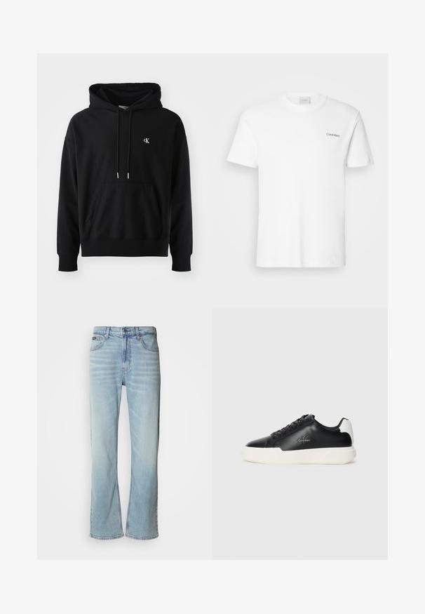 Schwarzer Hoodie aus weichem Baumwollmaterial mit einer vorderen Kängurutasche, verstellbarem Kordelzug und einem kleinen weißen Logo auf der Brust.; Weißes Baumwoll-T-Shirt mit kurzen Ärmeln und Rundhalsausschnitt. Mit einem kleinen schwarzen "Calvin Klein"-Logo auf der linken Brust.; Hellblaue Jeans aus Denim mit geradem Bein, ausgestattet mit fünf Taschen, einem Knopfverschluss und subtilen Verwaschungen im Stoff.; Schwarze Ledersneaker mit weißer Gummisohle. Merkmale sind eine runde Zehenpartie, ein Schnürdesign und ein Logo-Detail an der Seite. Rückseitiger Akzent in Weiß.