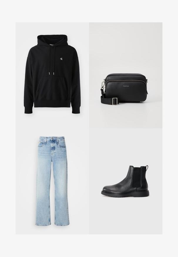 Sort hoodie lavet af blødt bomuld med en forlomme, justerbar snøre i hætten og et lille hvidt logo på brystet.; Lysblå vide jeans med høj talje, der har en falmet finish, bæltestropper og klassisk fem-lomme design. Kantene er rå.; Sorte læder chelsea støvler med tekstureret finish, elastiske sidepaneler og en robust gummisål. Subtil branding på hælen.; Sort læder crossbody taske med to lynlåslommer, struktureret overflade, justerbar rem og sølvhardware detaljer. Calvin Klein-logoet er vist.