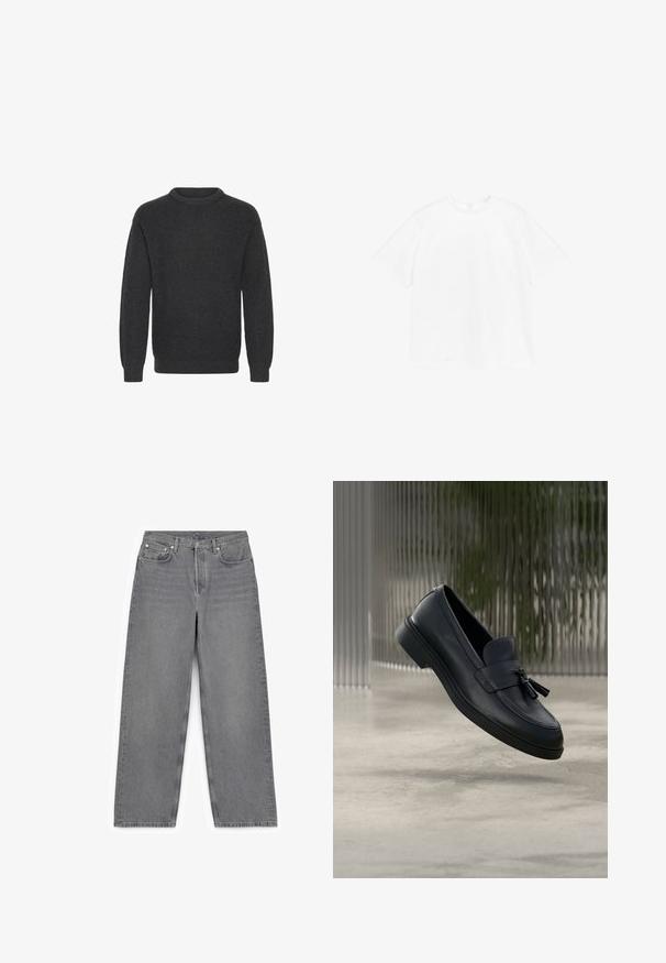 Suéter de punto acanalado gris oscuro con escote redondo, mangas largas y un corte holgado, que presenta una superficie texturizada en toda su extensión.; Camiseta de cuello redondo de manga corta en algodón blanco liso. Corte estándar con un diseño sencillo y sin patrones ni acentos visibles.; Pantalones vaqueros de pernera ancha en color gris, fabricados en denim, con un diseño clásico de cinco bolsillos, cierre de botón metálico y un sutil detalle de costura.; Mocasines de cuero negro con textura suave, punta redondeada y borlas decorativas en el frente. Suela de goma flexible con tacón bajo.