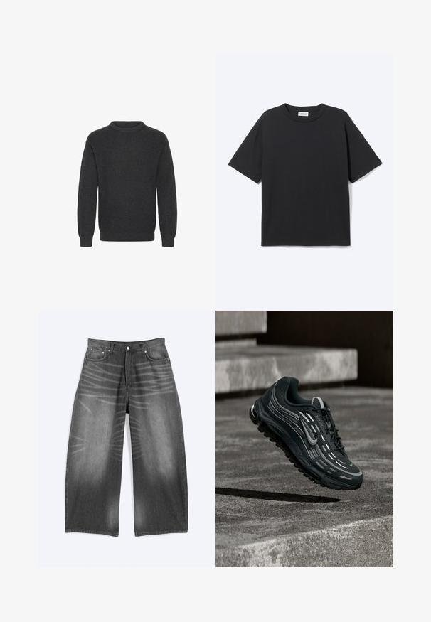 Suéter de punto acanalado gris oscuro con escote redondo, mangas largas y un corte holgado, que presenta una superficie texturizada en toda su extensión.; Camiseta negra de manga corta con cuello redondo, ajuste relajado, vista frontal, diseño sencillo y etiqueta visible de la marca Weekday en el interior del cuello.; Vaqueros de denim negro desteñido de pierna ancha con bolsillos delanteros y cierre de botones, mostrados planos sobre un fondo claro.; Zapatilla Nike Air Max negra y gris flotando sobre escalones de hormigón gris con fondo de suelo texturizado.