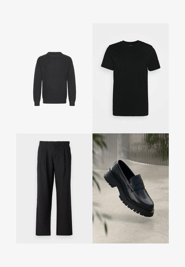 Suéter de punto acanalado gris oscuro con escote redondo, mangas largas y un corte holgado, que presenta una superficie texturizada en toda su extensión.; Camiseta negra de manga corta hecha de algodón suave, con cuello redondo y un diseño sencillo sin estampados ni acentos.; Jack & Jones Classic Wide Leg Fit - Pantalones - black; Mocasines de cuero negro con suela gruesa, que presentan una correa decorativa y detalles de costura. Textura suave con un acabado pulido.