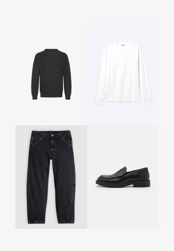 Suéter de punto acanalado gris oscuro con escote redondo, mangas largas y un corte holgado, que presenta una superficie texturizada en toda su extensión.; Camisa blanca lisa de manga larga con cuello redondo y puños acanalados, mostrada sobre un fondo claro y neutro.; Vaqueros de mezclilla negra con un corte holgado, con cinturilla estándar, diseño de cinco bolsillos y costuras en contraste a lo largo de las costuras.; Mocasines de cuero negro con puntera redondeada, costuras tonales y un detalle de tira en la parte frontal. Suela de goma con un tacón bajo.