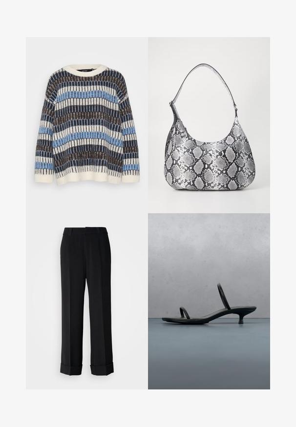 Vero Moda Petite VMTIFFANY O NECK - Πουλόβερ - birch/chocolate torte/allure; Μαύρο παντελόνι με φαρδιά πόδια και κομψό σχέδιο, διαθέτοντας γυριστό στο τέλος και απαλό ύφασμα για εκλεπτυσμένη εμφάνιση.; Μαύρο ψηλοτάκουνο σανδάλι Calvin Klein με λεπτές λουρίδες, ισορροπημένο σε ξύλινες πλάκες έξω κοντά σε έναν τοίχο και φυλλώματα.; Μαύρη και άσπρη τσάντα ώμου με σχέδιο φιδιού, στρογγυλή μορφή, λεία υφή και καμπύλη λουρί. Διαθέτει μεταλλικό αξεσουάρ σε ασημί απόχρωση.