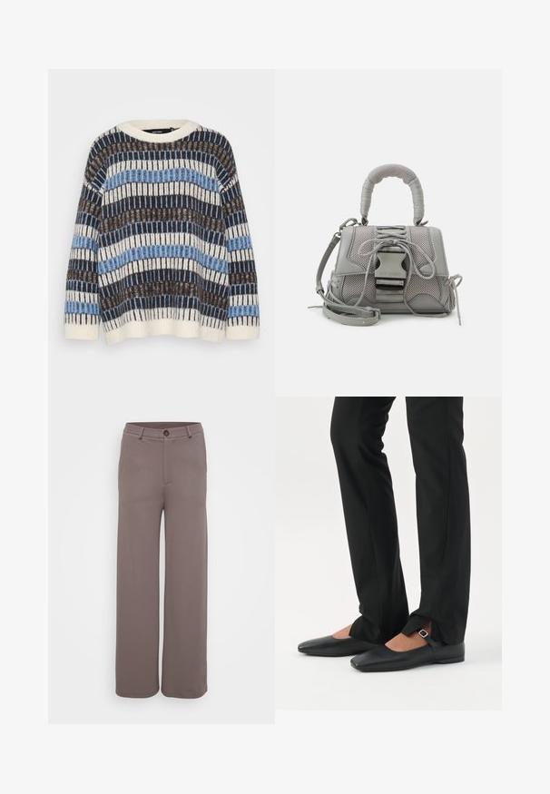 Vero Moda Petite VMTIFFANY O NECK - Πουλόβερ - birch/chocolate torte/allure; Παντελόνια με φαρδιά πόδια σε απαλό, μουτζουρωμένο καφέ ύφασμα, με μπροστινές τσέπες, κλείσιμο με κουμπί και προσαρμοσμένη μέση.; Πόδια με μαύρο στενό παντελόνι που έχει μπροστινές χαραγές στο τελείωμα, σε συνδυασμό με μαύρα επίπεδα παπούτσια Mary Jane με μικρό λουράκι και αγκράφα.; Γκρι τσάντα υφής με επενδεδυμένη λαβή, πλέγματα, ρυθμιζόμενο λουρί και μπροστινή κλειδαριά. Συμπαγής σχεδίαση με στρογγυλό σχήμα.