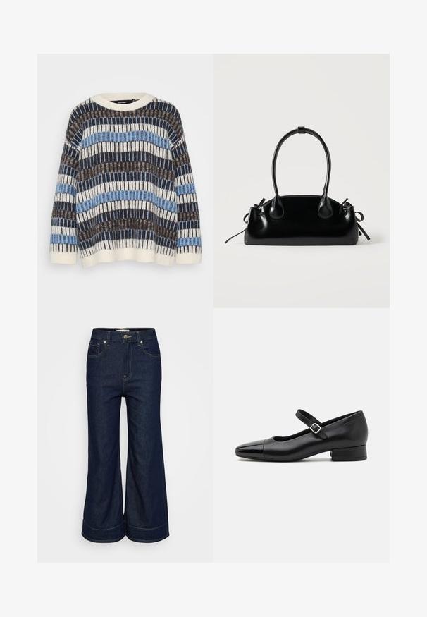 Vero Moda Petite VMTIFFANY O NECK - Πουλόβερ - birch/chocolate torte/allure; Σκούρο μπλε τζιν παντελόνι σε ίσια γραμμή, με κουμπί μπροστά, κλείσιμο με φερμουάρ και σχέδιο πέντε τσέπες, παρατεταμένο σε απλό φωτεινό φόντο.; Μαύρες δερμάτινες παπούτσια Mary Jane με πατενταρισμένη μύτη, ρυθμιζόμενο λουρί στον αστράγαλο και χαμηλό τακούνι. Λείο υφή και κομψός σχεδιασμός.; Μικρή μαύρη γυαλιστερή τσάντα με δύο μακριές λαβές και λεπτομέρειες με ρυθμιζόμενο κορδόνι στο πλάι σε απλό ανοιχτό φόντο.