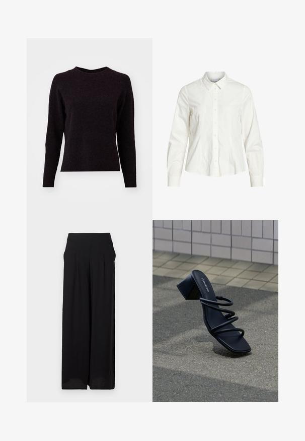 Pull en tricot gris foncé avec des manches longues, un col rond et un ourlet côtelé. Texture douce, design simple, sans motifs ou détails visibles.; Chemise blanche à boutons, en coton, avec un col classique, des manches longues et des détails en pintuck subtils à l'avant. Texture lisse.; Pantalon large noir à taille haute avec poches latérales, réalisé en tissu texturé léger.; Sandale noire à bout carré, trois fines brides et talon bloc sur un trottoir près d'un mur carrelé.