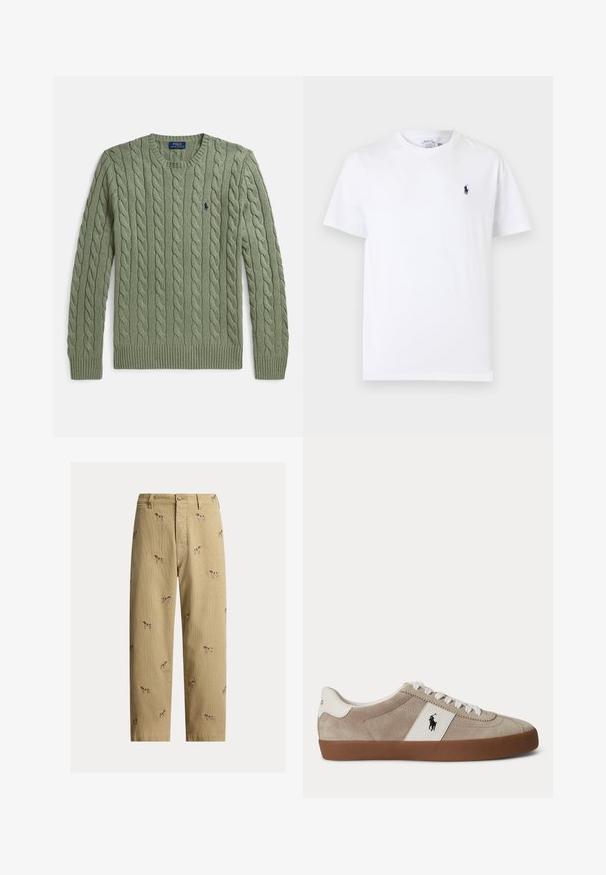 Groene kabelgebreide trui met ronde hals, geribbelde manchetten en zoom, en een klein geborduurd logo op de borst. Gestructureerd en van gemiddelde dikte.; Wit T-shirt met korte mouwen en ronde hals met klein donkerblauw polo spelerslogo op de linkerborst.; Beige ribfluwelen broek met geborduurde hondendesigns, rechte pijp, en vijfzakkenstijl met een knoopsluiting aan de voorkant.; Beige suède lage sneaker met witte veters, wit lederen accent met zwart paardenlogo en een bruine rubberen zool.
