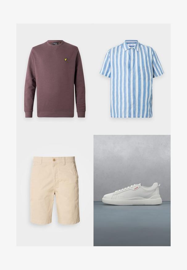 Vinrød sweatshirt i bomuld med rund hals, lange ærmer og en gul fuglelogo på venstre bryst. Enkel design, ensfarvet.; Kortærmet skjorte i lyseblå og hvide lodrette striber, lavet af hør med en spids krave og en enkelt brystlomme.; Beige bomulds shorts med lukning foran med knap, sidelommer og lige pasform. Glat tekstur med rene syningdetaljer.; Hvide sneakers med en glat læderfinish, rund tå, fire snørehuller, subtile perforeringer og en rød logo detalje på siden.