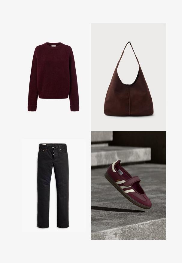 Pull tricoté rouge foncé avec manches longues et poignets, ourlet et encolure ronde côtelés, sur fond blanc.; Jean en denim noir à coupe droite, avec un design à cinq poches et une fermeture éclair à boutons. Présente des rivets en cuivre et des accents de broderie.; Chaussure de sport bordeaux avec une bride, des bandes blanches sur les côtés, une semelle en caoutchouc texturée et une tige en matériau lisse. Ajustement réglable avec intérieur rembourré.; Sac hobo en daim marron avec une grande ouverture courbée et une large bandoulière. Présente une couture centrée à l'avant. Texture lisse.
