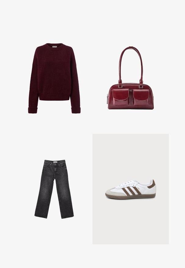 Pull tricoté rouge foncé avec manches longues et poignets, ourlet et encolure ronde côtelés, sur fond blanc.; Jean noir à jambes larges avec poches avant et arrière, fermeture par bouton et passants de ceinture, posé à plat sur fond blanc.; Basket Adidas Samba blanche et marron avec trois bandes marron, lacets et semelle texturée, vue de côté sur fond uni.; Sac à main en cuir rouge foncé avec deux poches avant à rabat et longues bandoulières, présenté sur fond blanc.