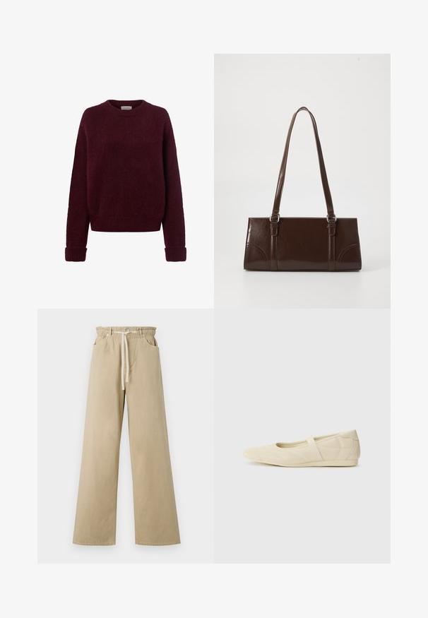 Pull tricoté rouge foncé avec manches longues et poignets, ourlet et encolure ronde côtelés, sur fond blanc.; Pantalon large beige en coton avec une taille élastiquée et un cordon de serrage. Il possède deux poches latérales et une texture lisse.; Ballerines beiges avec une exterior en cuir lisse, un bout en forme d'amande et une sangle élastique sur le coup de pied, avec des détails de couture subtils.; Sac à main en cuir verni marron de forme rectangulaire, avec deux longues poignées et des accents courbés subtils à l'avant.