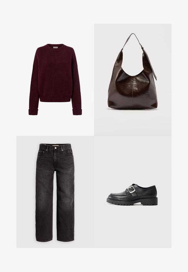 Dunkelroter, flauschiger Strickpullover mit langen Ärmeln sowie gerippten Bündchen, Saum und Rundhalsausschnitt vor weißem Hintergrund.; Levi's® BAGGY DAD - Baggy Jeans - shrink up; Schwarze Lederschuhe mit einer abgerundeten Spitze, ausgestattet mit einem seitlichen Schnallen-Detail und einer dicken, robusten Sohle. Glatte Textur mit minimalen Nähten.; Dunkelbraune glänzende Lederschultertasche mit einem breiten einzelnen Riemen und Schnallendetail auf einer Seite, vor einem schlichten hellen Hintergrund.