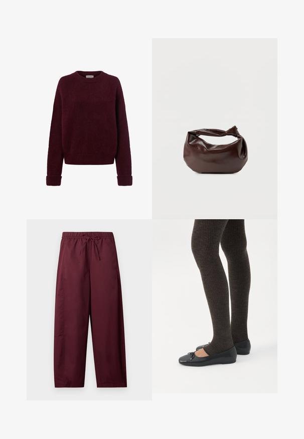 Dunkelroter, flauschiger Strickpullover mit langen Ärmeln sowie gerippten Bündchen, Saum und Rundhalsausschnitt vor weißem Hintergrund.; Locker sitzende, kastanienbraune Hose mit elastischem Bund und Kordelzug, geraden Beinen, ohne sichtbare Taschen oder Muster.; Beine in dunklen, gerippten Leggings kombiniert mit schwarzen Ballerinas mit kleinen Schleifendetails auf weißem Hintergrund.; Dunkelbraune Lederschultertasche mit weicher, lockerer Form und einem gedrehten Knotengriff vor schlichtem weißem Hintergrund.