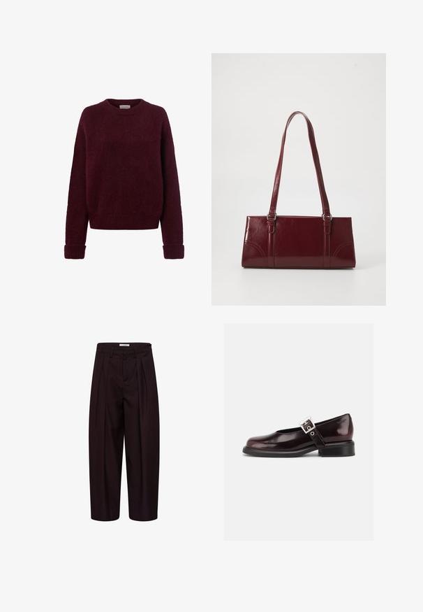 Pull tricoté rouge foncé avec manches longues et poignets, ourlet et encolure ronde côtelés, sur fond blanc.; Pantalon noir tailleur à jambes larges avec plis devant, passants de ceinture et boutons latéraux à la ceinture.; Chaussure Mary Jane unique brillante couleur bordeaux foncé avec une large bride et une boucle argentée, talon bloc bas et bout arrondi sur fond blanc.; Sac à main bordeaux en matériau brillant, de forme rectangulaire, avec deux anses et des accents légèrement courbés à l'avant.