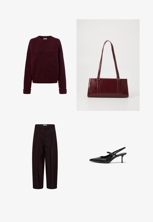 Pull tricoté rouge foncé avec manches longues et poignets, ourlet et encolure ronde côtelés, sur fond blanc.; Pantalon noir tailleur à jambes larges avec plis devant, passants de ceinture et boutons latéraux à la ceinture.; Talons aiguilles noires en cuir avec un bout pointu, une fine bride réglable, et un talon aiguille d'environ 5 cm, texture lisse.; Sac à main bordeaux en matériau brillant, de forme rectangulaire, avec deux anses et des accents légèrement courbés à l'avant.