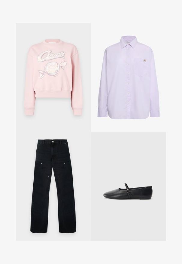 Sweatshirt rose court avec un motif graphique "Coach" et un motif de bonbon, fabriqué en tissu doux avec des poignets et un ourlet côtelés.; Chemise à manches longues mauve clair avec boutons, poche poitrine gauche et petite étiquette logo Calvin Klein au-dessus de la poche.; Pantalon en denim noir à jambes larges avec une taille haute, présentant des coutures discrètes, deux poches avant et des accents de ferrures métalliques.; Ballerines noires en cuir avec un bout pointu, une semelle plate et une petite sangle avec un détail de boucle en argent.