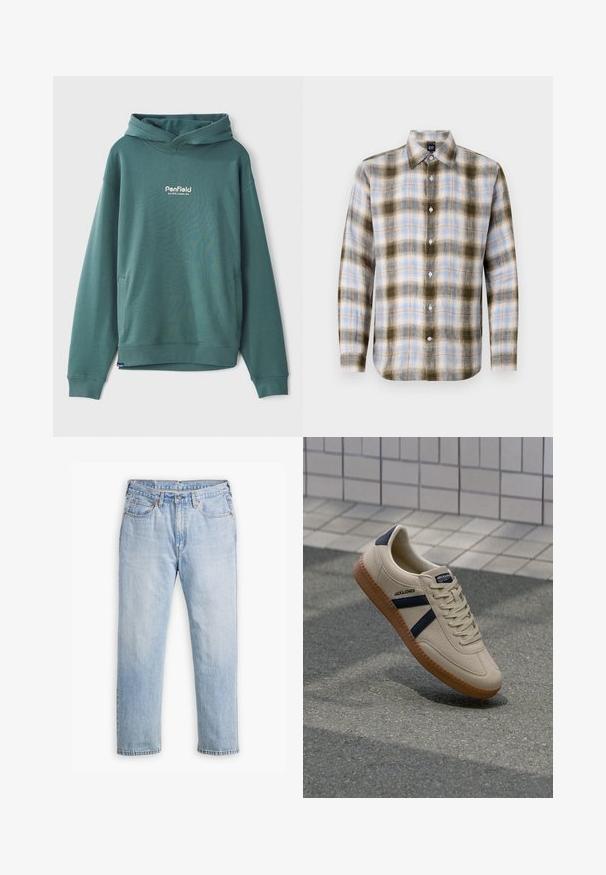 Groene hoodie gemaakt van een katoenmix, met een voorzak, geribbelde manchetten en een geborduurd wit logo op de borst.; Geruite button-up shirt in groen, blauw en crème, met een klassieke kraag en lange mouwen met contrasterende ruitpatronen en witte knopen.; Lichtblauwe denim jeans met een recht model, vijf zakken en contrasterende stiksels. Knopen- en ritssluiting bij de taille.; Beige sneaker met een textuurafwerking, marineblauwe strepen en een rubberen zool. Heeft een gevoerde tong en een traditioneel vetersysteem voor een veilige pasvorm.
