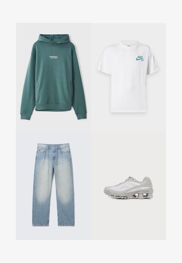 Grøn hætte sweatshirts lavet af bomuldsblandingsstof, med en frontlomme, ribbede manchetter og broderet hvidt logo på brystet.; Hvid bomulds-T-shirt med en lyseblå Nike SB-logo på venstre brystområde. Korte ærmer og klassisk rund hals.; Lyseblå straight-leg denim jeans med falmede forside på lårene, fem-lomme stil, knaplukning og bæltestropper.; Grå og hvid atletiksko med synlig luftpolstret sål og mesh-paneler, vist i profil på en ensartet lys baggrund.