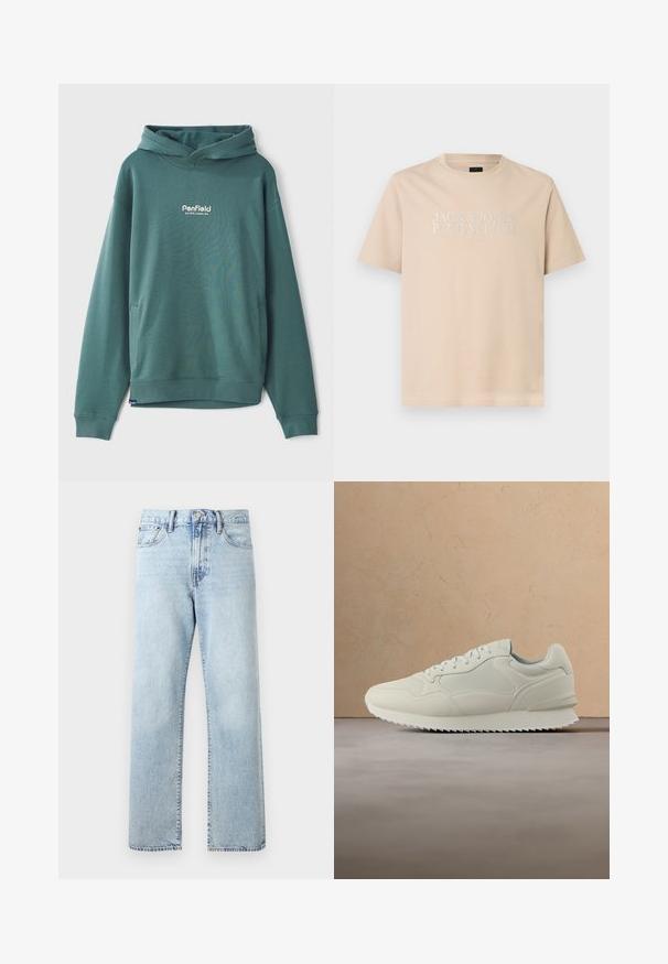 Grüner Kapuzenpullover aus einem Baumwoll-Mix, mit einer Fronttasche, elastischen Bündchen und einem gestickten weißen Logo auf der Brust.; Beiges T-Shirt mit kurzen Ärmeln und Rundhalsausschnitt, auf der Brust mittig mit weißem Text „JACK & JONES PREMIUM EST. 1990“ bedruckt.; Hellblaue, hoch taillierte Jeans mit geradem Bein, Vordertaschen, Knopfverschluss und Gürtelschlaufen auf einfachem Hintergrund.; Cremefarbener Sneaker mit Schnürdesign, dicker Sohle und strukturiertem Außensohlenprofil, schwebend über einem beigen Teppich und Sofa im Hintergrund.