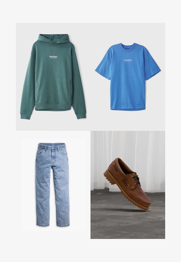 Grüner Kapuzenpullover aus einem Baumwoll-Mix, mit einer Fronttasche, elastischen Bündchen und einem gestickten weißen Logo auf der Brust.; Dunkelblaues Baumwoll-T-Shirt mit kurzen Ärmeln und Rundhalsausschnitt. Auf der Vorderseite mit weißem "Penfield"-Logo. Glatte, atmungsaktive Textur.; Hellblaue gerade geschnittene Jeans mit vorderem Knopf- und Reißverschluss, Gürtelschlaufen und schrägen Vordertaschen.; Brauner Leder-Bootsschuh mit schwarzen Schnürsenkeln, beigen Nähten und einer robusten Sohle, schwebt über einem grauen Betonboden.