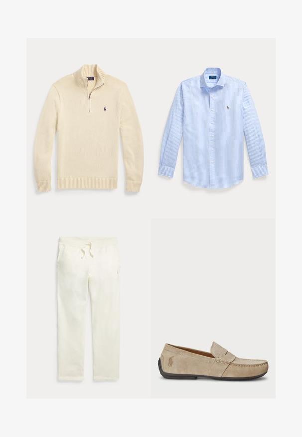 Kremfarvet langærmet strikket sweater med en halv lynlås foran, ribbet krave, manchetter og kant, med et lille mørkt Polo-logo på brystet.; Lyseblå langærmet skjorte med hvide lodrette striber og et lille broderet logo på venstre bryst.; Off-white joggingbukser med elastisk talje, forlommer og snøre til justering.; Beige ruskindsloafers med syninger, flad gummisål og et lille logo på siden. Klassisk slip-on design, blød tekstur.