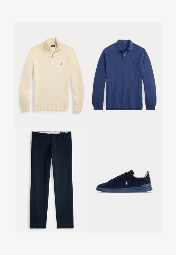 Cremefarbener Strickpullover mit langen Ärmeln und halbem Reißverschluss vorne, mit geripptem Kragen, Bündchen und Saum sowie einem kleinen dunklen Polo-Logo auf der Brust.; Langärmeliges blaues Poloshirt mit Kragen, einem Knopfleistenverschluss und dezentem Logo auf der linken Brust, flach auf weißem Hintergrund gelegt.; Marineblaue Chinos mit geradem Bein, schräge Vordertaschen, Gürtelschlaufen und einem weißen Innenfutter.; Marineblaue Low-Top-Sneaker mit Veloursleder-Obermaterial, Schnürverschluss, gepolsterter Sohle und Polo-Logo an der Seite sowie an der Fersenlasche.