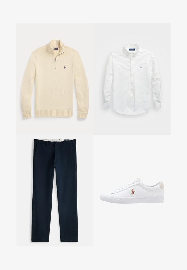 Cremefarbener Strickpullover mit langen Ärmeln und halbem Reißverschluss vorne, mit geripptem Kragen, Bündchen und Saum sowie einem kleinen dunklen Polo-Logo auf der Brust.; Weißes Button-Down-Hemd aus Baumwolle. Verfügt über einen spitzen Kragen, lange Ärmel und ein kleines marineblaues Logo auf der Brust. Glatte Textur.; Marineblaue Chinos mit geradem Bein, schräge Vordertaschen, Gürtelschlaufen und einem weißen Innenfutter.; Weiße Leinensneaker im Low-Top-Design mit einem beigen Ferseneinsatz und einem kleinen gestickten Logo an der Seite. Gummisohle.