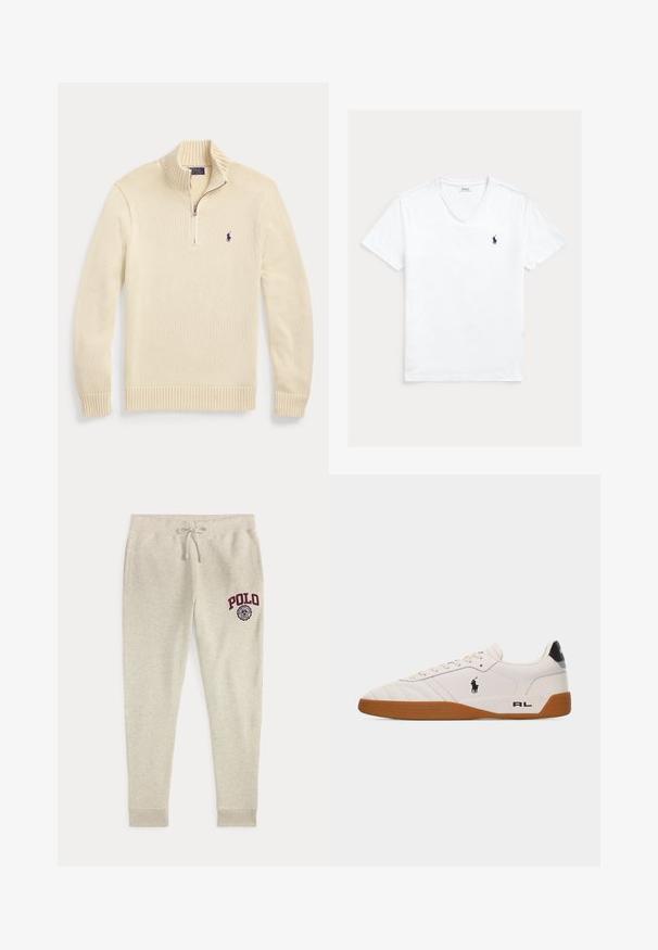Jersey de punto de manga larga color crema con cremallera frontal hasta la mitad, cuello, puños y dobladillo acanalados, con un pequeño logo Polo oscuro en el pecho.; Camiseta blanca de manga corta con cuello en V y pequeño logo de Polo Ralph Lauren en azul marino en el lado izquierdo del pecho, mostrada extendida sobre un fondo claro.; Pantalones deportivos beige con cordón, bolsillos laterales y logo y emblema rojo "POLO" en la parte superior del muslo izquierdo.; Zapatilla blanca de estilo bajo con suela de goma marrón, logo negro de Polo Ralph Lauren en el lateral y texto "RL" en la parte del talón.