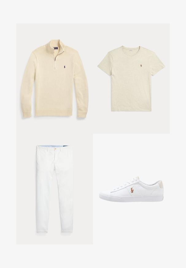 Pull en maille crème à manches longues avec une demi-fermeture éclair devant, col, poignets et bas-côtes, avec un petit logo Polo foncé sur la poitrine.; T-shirt beige à manches courtes avec col rond et petit logo marron Polo Ralph Lauren sur le côté gauche de la poitrine.; Chinos en coton blanc coupe slim, dotés d'une fermeture à un bouton doré et d'une ceinture intérieure bleu clair. Texture lisse sans motifs.; Baskets en toile blanches avec un design basse, présentant un onglet de talon beige et un petit logo brodé sur le côté. Semelle en caoutchouc.