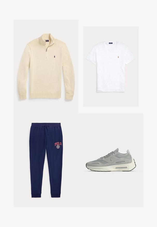 Cremefarbener Strickpullover mit langen Ärmeln und halbem Reißverschluss vorne, mit geripptem Kragen, Bündchen und Saum sowie einem kleinen dunklen Polo-Logo auf der Brust.; Weißes T-Shirt mit Rundhalsausschnitt und kurzen Ärmeln, mit kleinem gesticktem Polo Ralph Lauren Logo auf der linken Brust und blauem Markenetikett innen am Kragen.; Marineblaue Jogginghose mit Kordelzug an der Taille und rotem "POLO"-Logo und Emblem am oberen linken Oberschenkel.; Grauer Velours- und Mesh-Sneaker mit weißer Plateausohle und Ralph Lauren Logo an der Seite und Sohle, Ansicht von der Innenseite.