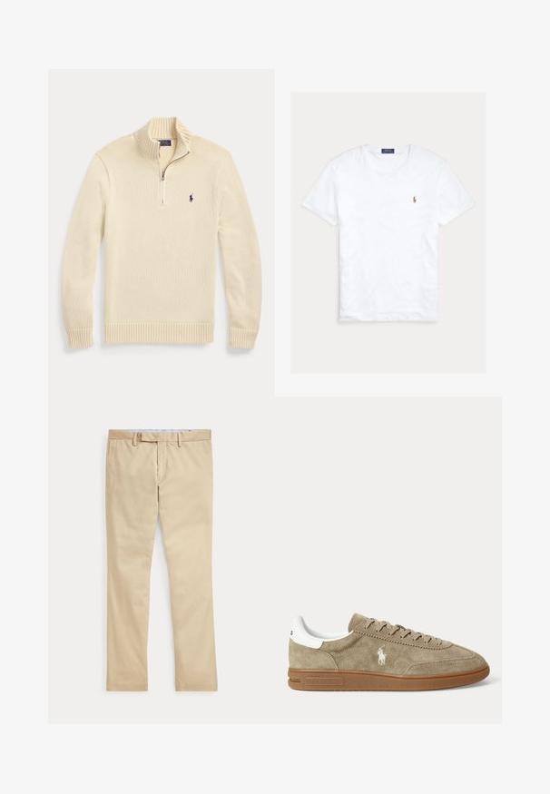 Roomkleurige lange mouw gebreide trui met halve rits aan de voorkant, geribde kraag, manchetten en zoom, met een klein donker Polo-logo op de borst.; Witte T-shirt met korte mouwen en ronde hals met klein geborduurd Polo Ralph Lauren-logo op de linkerborst en een blauw merklint binnenin de kraag.; Beige broek met rechte pijpen, ceintuurlussen en een voorrits, plat gelegd tegen een witte achtergrond.; Beige suède lage sneaker met bruine zool, witte hiel-detail, veters en een wit geborduurd polo-speler logo aan de zijkant.