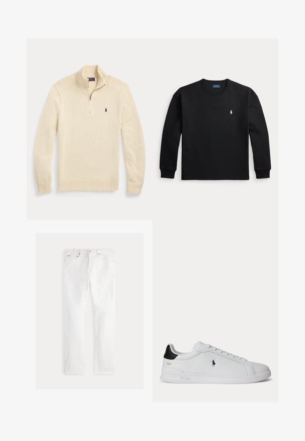 Roomkleurige lange mouw gebreide trui met halve rits aan de voorkant, geribde kraag, manchetten en zoom, met een klein donker Polo-logo op de borst.; Zwart shirt met lange mouwen en ronde hals, met klein wit Polo Ralph Lauren-logo op de linkerborst en geribde boorden.; Witte denim jeans met een rechte pijp, voorzien van vijf zakken, koperen details en subtiele stikselaccenten. Gladde textuur met een nette afwerking.; Witte lage sneaker met zwarte hieltab, veters en Polo Ralph Lauren-logo aan de zijkant, met gegraveerde zooldetails.
