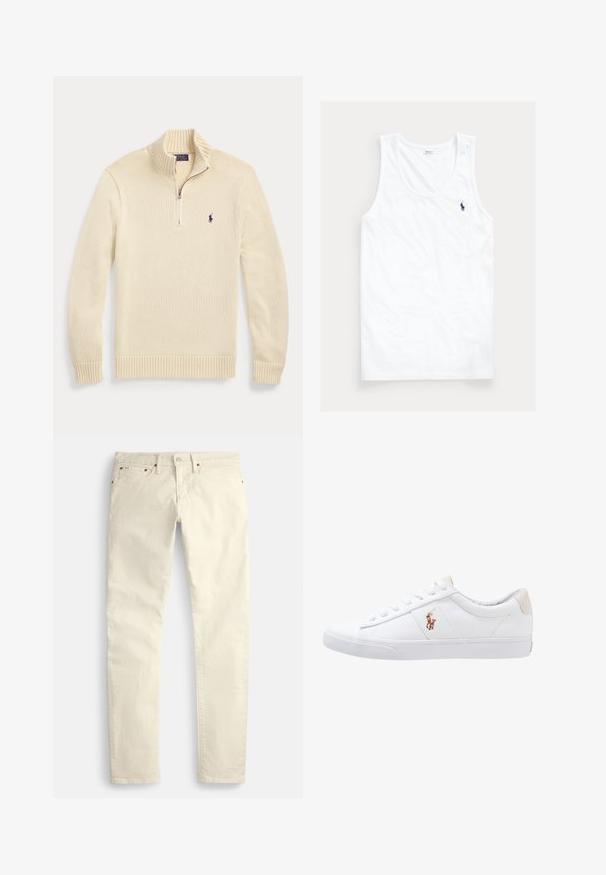 Roomkleurige lange mouw gebreide trui met halve rits aan de voorkant, geribde kraag, manchetten en zoom, met een klein donker Polo-logo op de borst.; Witte mouwloze tanktop met ronde halslijn en klein marineblauw Polo Ralph Lauren paardenlogo op de linkerborst.; Lichtbeige rechte broek van een gestructureerde stof. Voorzien van vijf zakken en bruine metalen accenten. Geen zichtbare patronen of versieringen.; Witte canvas sneakers met een laag ontwerp, featuring een beige hieltab en een klein geborduurd logo aan de zijkant. Rubber zool.