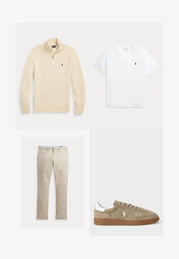 Roomkleurige lange mouw gebreide trui met halve rits aan de voorkant, geribde kraag, manchetten en zoom, met een klein donker Polo-logo op de borst.; Wit T-shirt met V-hals en korte mouwen met een klein marineblauw Polo Ralph Lauren paardenlogo op de linkerborst.; Beige katoenen broek met rechte pijpen, voorzakken, riemlussen, knoopsluiting en ritssluiting, plat liggend op een witte achtergrond.; Suède sneaker in tan met witte accenten, ronde neus en vetersluiting. Beschikt over een geperst logo en rubberen zool voor grip.