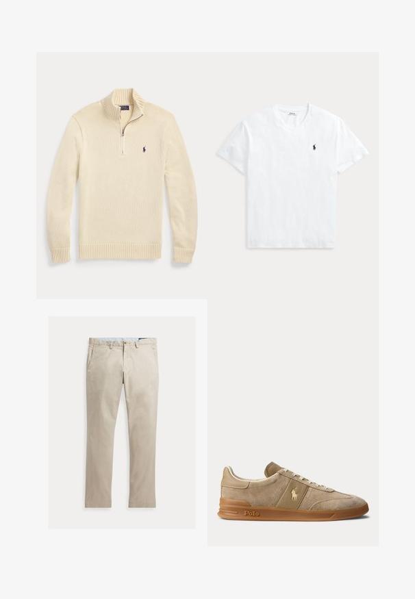 Cremefarbener Strickpullover mit langen Ärmeln und halbem Reißverschluss vorne, mit geripptem Kragen, Bündchen und Saum sowie einem kleinen dunklen Polo-Logo auf der Brust.; Weißes T-Shirt mit V-Ausschnitt und kurzen Ärmeln mit kleinem marineblauem Polo Ralph Lauren Pferdelogo auf der linken Brust.; Beige Baumwollhose mit geradem Bein, Fronttaschen, Gürtelschlaufen, Knopfverschluss und Reißverschluss, flach auf weißem Hintergrund dargestellt.; Beiger Wildleder- und Leder-Low-Top-Sneaker mit Gummisohle, weißen Schnürsenkeln und Polo-Logo an der Seite und an der Sohle.