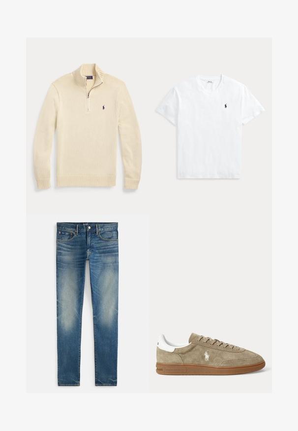 Cremefarbener Strickpullover mit langen Ärmeln und halbem Reißverschluss vorne, mit geripptem Kragen, Bündchen und Saum sowie einem kleinen dunklen Polo-Logo auf der Brust.; Weißes T-Shirt mit V-Ausschnitt und kurzen Ärmeln mit kleinem marineblauem Polo Ralph Lauren Pferdelogo auf der linken Brust.; Blaue, verwaschene Slim-Fit-Jeans mit Knopf- und Reißverschluss, vorne mit Haupt- und kleinem Münztaschen, flach auf weißem Hintergrund liegend dargestellt.; Beiger Wildleder-Sneaker in niedrigem Schnitt mit brauner Sohle, weißem Fersendetail, Schnürsenkeln und weißem, seitlich gesticktem Polo-Spieler-Logo.