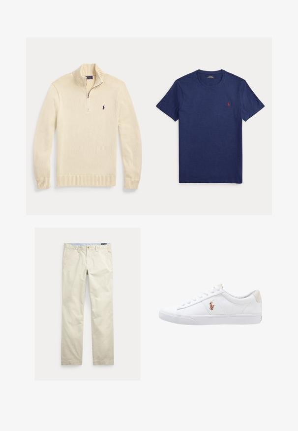 Roomkleurige lange mouw gebreide trui met halve rits aan de voorkant, geribde kraag, manchetten en zoom, met een klein donker Polo-logo op de borst.; Marineblauw T-shirt met korte mouwen en ronde hals met een klein rood geborduurd logo op de linkerborst.; Beige katoenen broek met rechte pijpen, riemlussen, voorste knoop, ritssluiting en zijzakken.; Witte canvas sneakers met een laag ontwerp, featuring een beige hieltab en een klein geborduurd logo aan de zijkant. Rubber zool.
