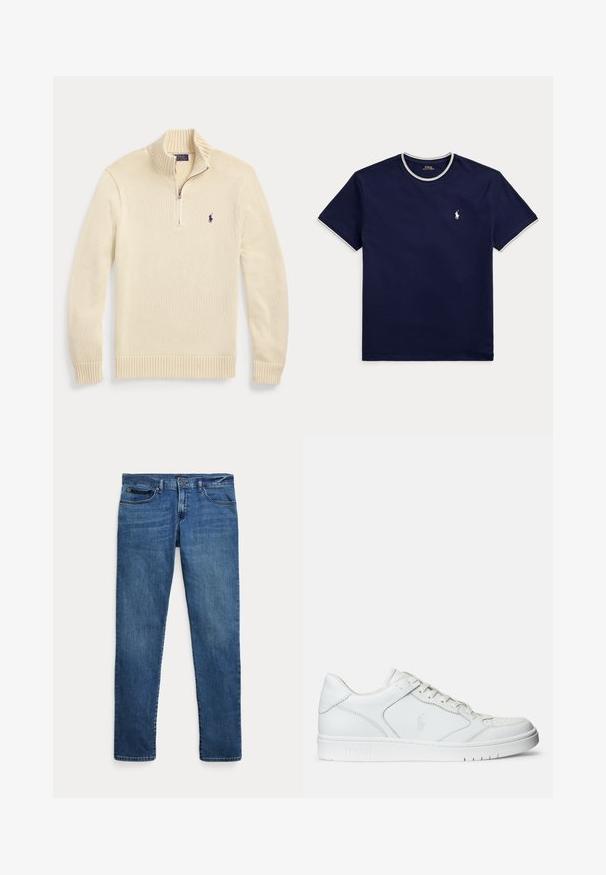 Kremfarvet langærmet strikket sweater med en halv lynlås foran, ribbet krave, manchetter og kant, med et lille mørkt Polo-logo på brystet.; Marineblå t-shirt med korte ærmer og rund hals med hvid kant på kraven og ærmerne, med lille hvid Polo Ralph Lauren-logo på venstre bryst.; Blå denimjeans med slim fit, der har forlommer, bæltestropper og lukning med knap på hvid baggrund.; Hvide lædersneakers med en glat tekstur, der har en perforeret tå, snørebåndslukning og broderet logo på siden. Hvid gummisål.