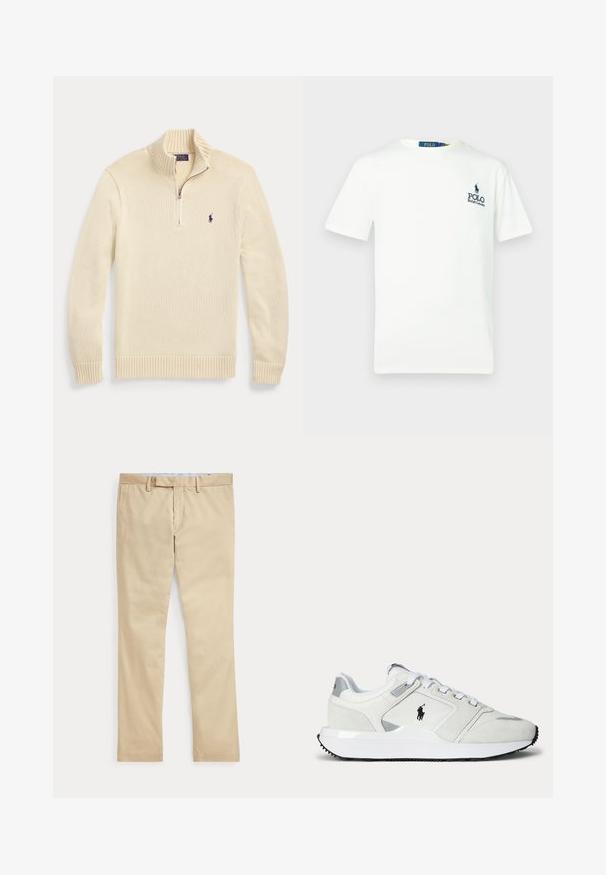 Roomkleurige lange mouw gebreide trui met halve rits aan de voorkant, geribde kraag, manchetten en zoom, met een klein donker Polo-logo op de borst.; Witte katoenen t-shirt met een ronde hals, korte mouwen en een blauw "POLO Ralph Lauren" logo op de linkerkant van de borst.; Beige broek met rechte pijpen, ceintuurlussen en een voorrits, plat gelegd tegen een witte achtergrond.; Witte lage sneaker met veterluiting, zwart logo aan de zijkant, grijze accenten en een dikke witte zool met zwart profiel.