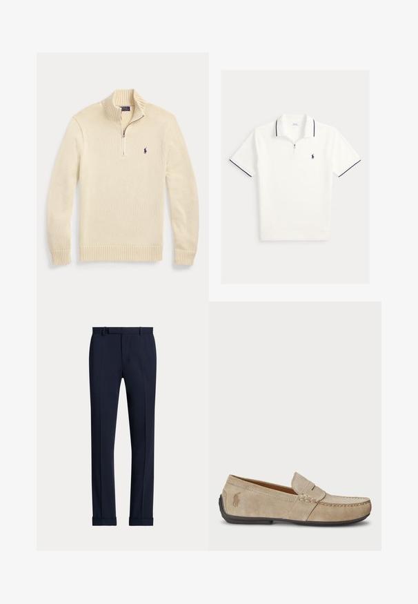 Pull en maille crème à manches longues avec une demi-fermeture éclair devant, col, poignets et bas-côtes, avec un petit logo Polo foncé sur la poitrine.; Polo blanc à manches courtes avec bordure bleu marine au col et aux manches, fermeture éclair sur le devant, et logo cheval brodé bleu marine sur la poitrine.; Pantalon habillé marine avec une texture lisse, devant plat, pli marqué, passants de ceinture et ourlets retroussés. Fabriqué en tissu léger.; Mocassins en suede beige avec un détail cousu, semelle en caoutchouc plate et un petit logo sur le côté. Design classique à enfiler, texture douce.