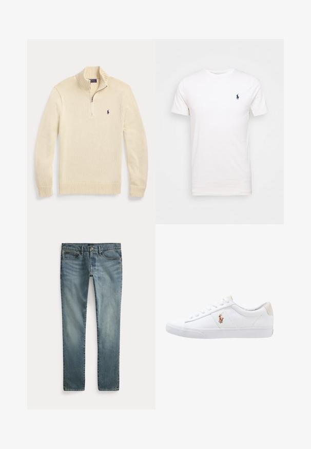 Jersey de punto de manga larga color crema con cremallera frontal hasta la mitad, cuello, puños y dobladillo acanalados, con un pequeño logo Polo oscuro en el pecho.; Camiseta de algodón blanca con cuello redondo. Presenta un pequeño logo azul oscuro en el lado izquierdo del pecho. Mangas cortas, textura suave.; Pantalones vaqueros de mezclilla azul de pierna recta con bolsillos delanteros, trabillas para cinturón y cierre de botón.; Zapatilla de lona blanca con diseño de corte bajo, que cuenta con un taco trasero beige y un pequeño logo bordado en el costado. Suela de goma.