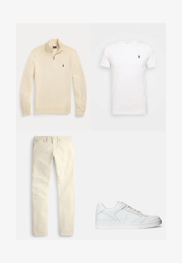Pull en maille crème à manches longues avec une demi-fermeture éclair devant, col, poignets et bas-côtes, avec un petit logo Polo foncé sur la poitrine.; T-shirt en coton blanc à col rond. Présente un petit logo bleu marine sur la poitrine gauche. Manches courtes, texture lisse.; Pantalon beige clair à jambes droites en tissu texturé. Dispose de cinq poches et de ferrures métalliques marron. Aucun motif ou accent visible.; Baskets en cuir blanc avec une texture lisse, présentant un bout perforé, un système de laçage et un logo brodé sur le côté. Semelle en caoutchouc blanc.