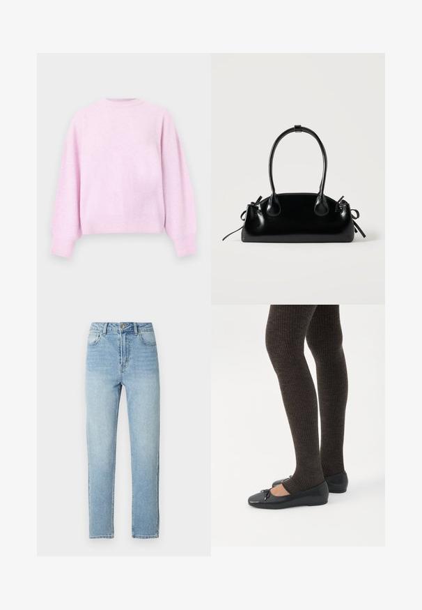 Pull rose pâle à manches longues avec col rond, poignets et ourlet côtelés, présenté sur un fond blanc uni.; Jean en denim bleu clair de coupe droite, style cinq poches, fermeture par bouton en métal, avec un léger effet délavé sur le devant.; Jambes portant des leggings côtelés foncés associés à des ballerines noires avec de petits détails en nœud sur fond blanc.; Petit sac à main noir brillant avec deux longues anses et des détails à cordon sur les côtés sur un fond clair uni.