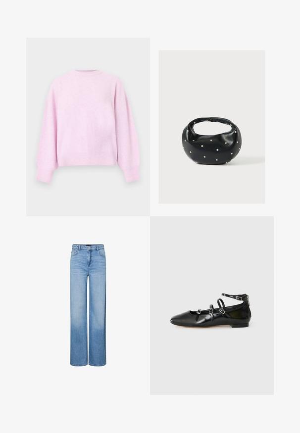 Pull rose pâle à manches longues avec col rond, poignets et ourlet côtelés, présenté sur un fond blanc uni.; Jean large taille haute bleu clair avec boutons et fermeture éclair à l'avant, passants pour ceinture, et détails délavés sur les cuisses et les genoux.; ALDO NELTA - Ballerines - black; Sac à main en cuir noir de forme arrondie, décoré de clous argentés et équipé d'une poignée courte. Texture lisse et fermeture éclair.