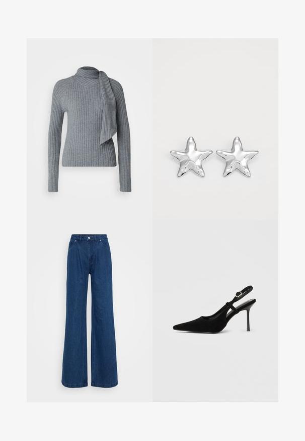 Pull en tricot côtelé gris avec un col montant et un détail de foulard drapé. Manches longues et silhouette ajustée avec un tissu texturé.; Jeans en denim bleu à jambe large avec une taille haute, fermeture avant à bouton et zip, et poches avant et arrière sur un fond uni.; Escarpin slingback en suède noir avec bout pointu, talon aiguille fin, bride de cheville réglable et doublure intérieure lisse.; Boucles d'oreilles argentées en forme d'étoile, avec une surface lisse et brillante. Chaque boucle d'oreille possède cinq pointes et des détails subtils de texture de surface.