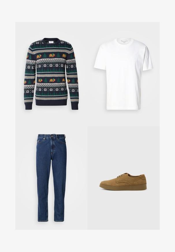 Pull en tricot bleu marine avec un motif de vacances comprenant des ours, des arbres et des flocons de neige en vert, marron et blanc. Bords côtelés aux poignets et à l'ourlet.; T-shirt en coton blanc avec un col rond et des manches courtes. Présente un détail de logo subtil sur le devant. Texture lisse, coupe décontractée.; Jean bleu foncé en denim, avec une coupe droite, style cinq poches et des coutures apparentes le long des coutures.; Chaussure décontractée à lacets en daim marron avec semelle en caoutchouc plate, vue de côté sur un fond clair uni.